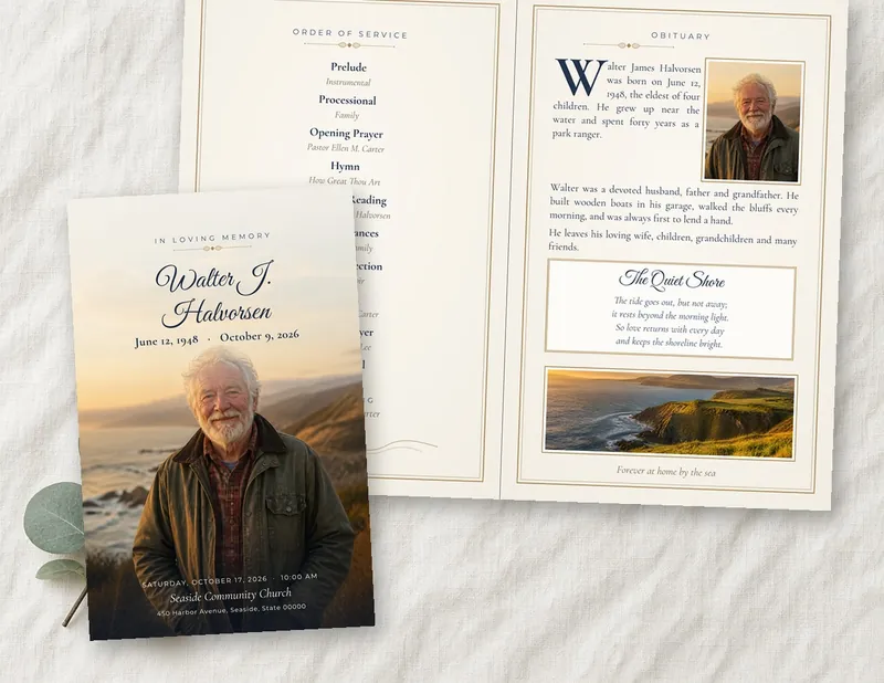 Quiet Shore bifold funeral program template preview